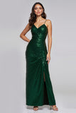 Sparkly Dark Green Sheath Sequins Long Holiday Party Dress with Slit