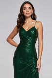 Sparkly Dark Green Sheath Sequins Long Holiday Party Dress with Slit