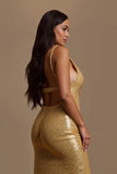 Sparkly Gold Deep V-Neck Long Mermaid Holiday Party Dress