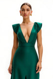 Dark Green V-Neck Cap Sleeves Long Holiday Party Dress with Slit