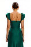 Dark Green V-Neck Cap Sleeves Long Holiday Party Dress with Slit