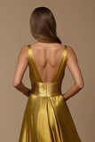 Golden Deep V-Neck A Line Long Holiday Party Dress