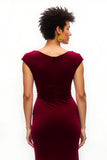 Burgundy Boat Neck Cap Sleeves Long Holiday Party Dress with Slit