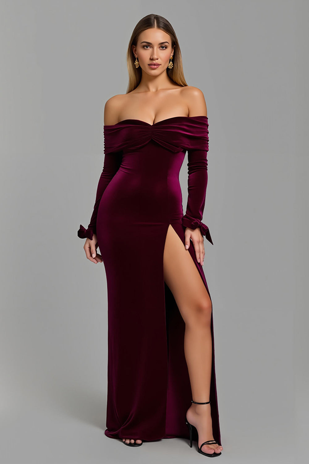 Burgundy Off the Shoulder Long Sleeves Holiday Party Dress with Slit