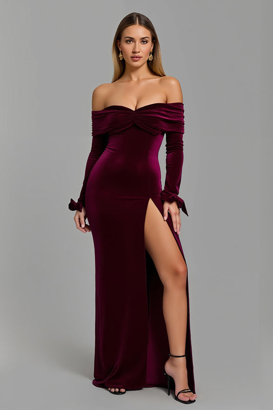 Burgundy Off the Shoulder Long Sleeves Holiday Party Dress with Slit