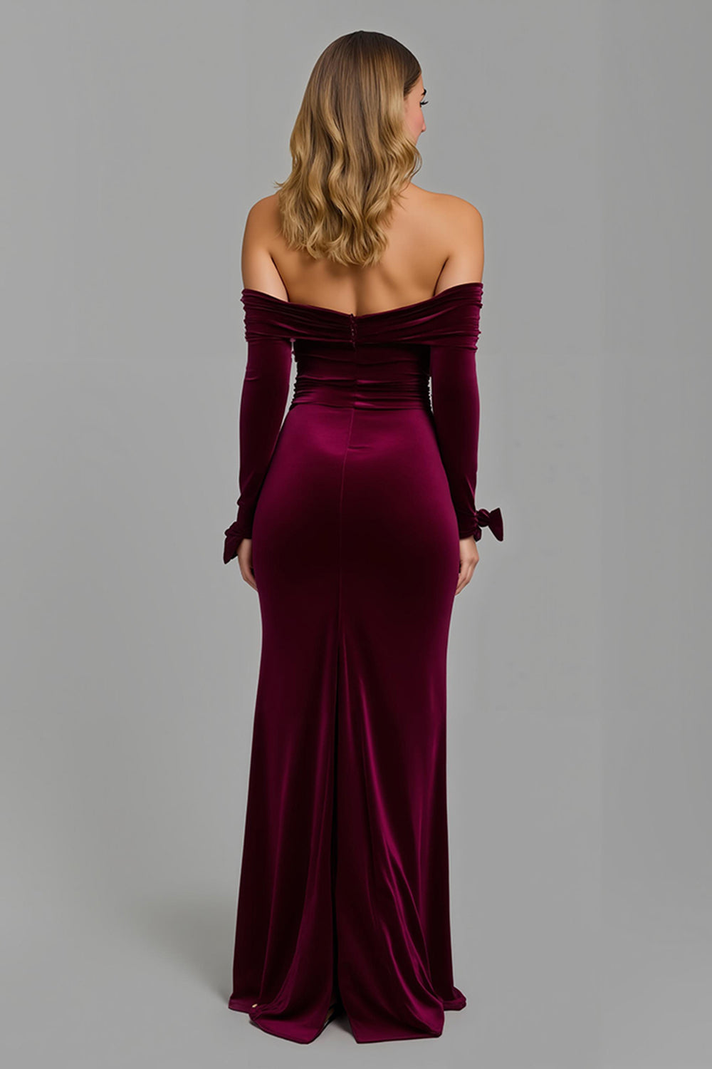 Burgundy Off the Shoulder Long Sleeves Holiday Party Dress with Slit