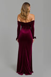 Burgundy Off the Shoulder Long Sleeves Holiday Party Dress with Slit