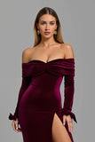 Burgundy Off the Shoulder Long Sleeves Holiday Party Dress with Slit