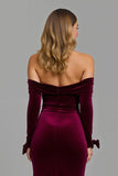 Burgundy Off the Shoulder Long Sleeves Holiday Party Dress with Slit