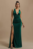 Simple Dark Green V-Neck Long Holiday Party Dress with Slit