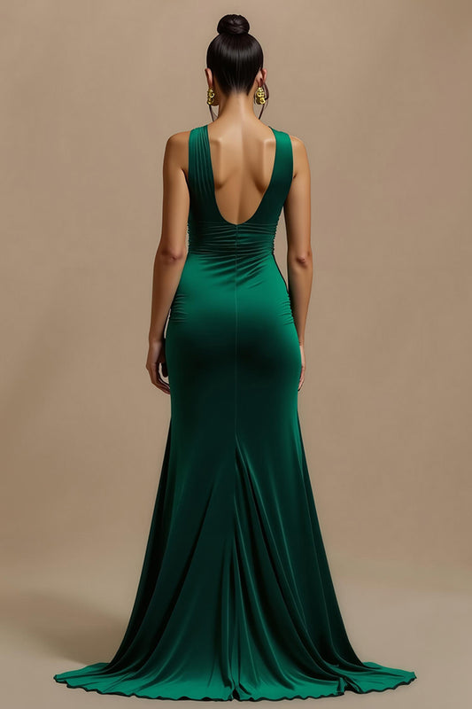 Simple Dark Green V-Neck Long Holiday Party Dress with Slit