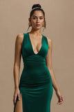 Simple Dark Green V-Neck Long Holiday Party Dress with Slit