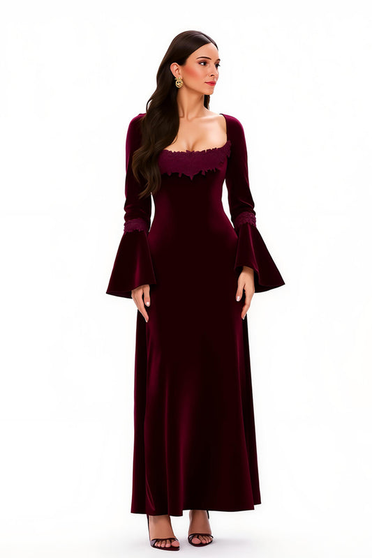 Burgundy Sheath Scoop Neck Long Holiday Party Dress with Sleeves