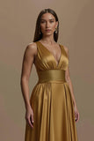 Simple Golden V-Neck Backless Long Holiday Party Dress