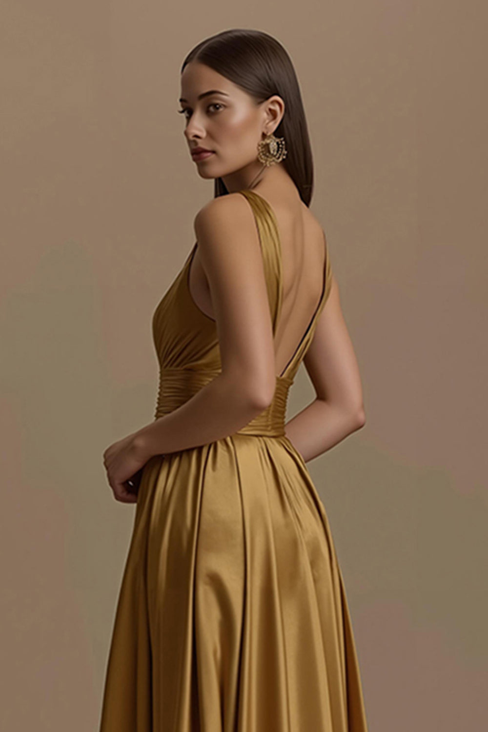 Simple Golden V-Neck Backless Long Holiday Party Dress