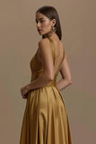 Simple Golden V-Neck Backless Long Holiday Party Dress