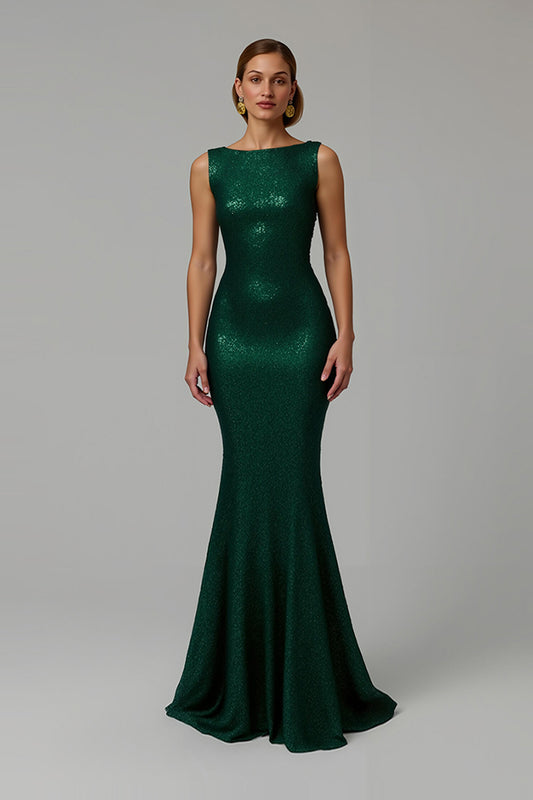 Sparkly Dark Green Bateau Neck Mermaid Long Holiday Party Dress