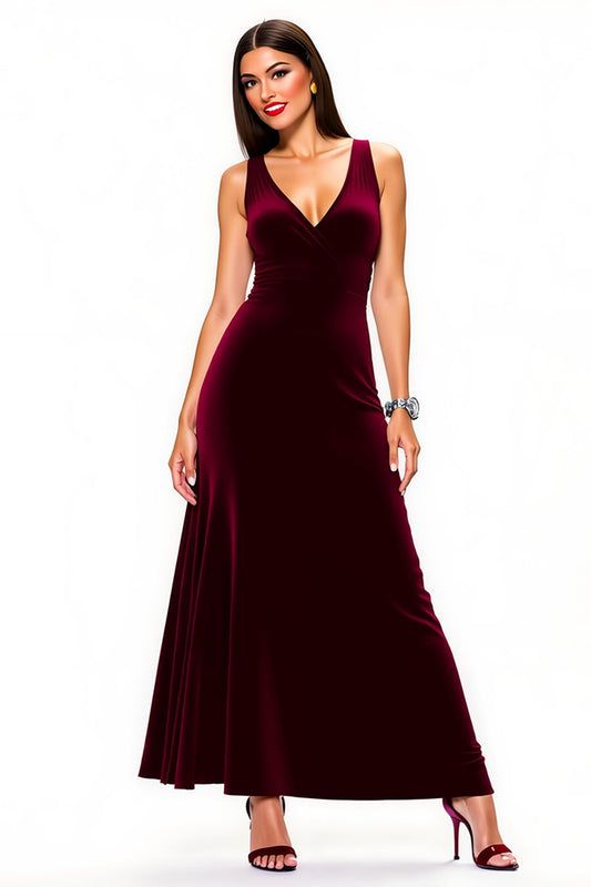 Simple Burgundy Backless V-Neck Long Holiday Party Dress