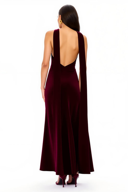 Simple Burgundy Backless V-Neck Long Holiday Party Dress