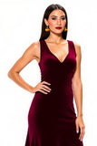 Simple Burgundy Backless V-Neck Long Holiday Party Dress