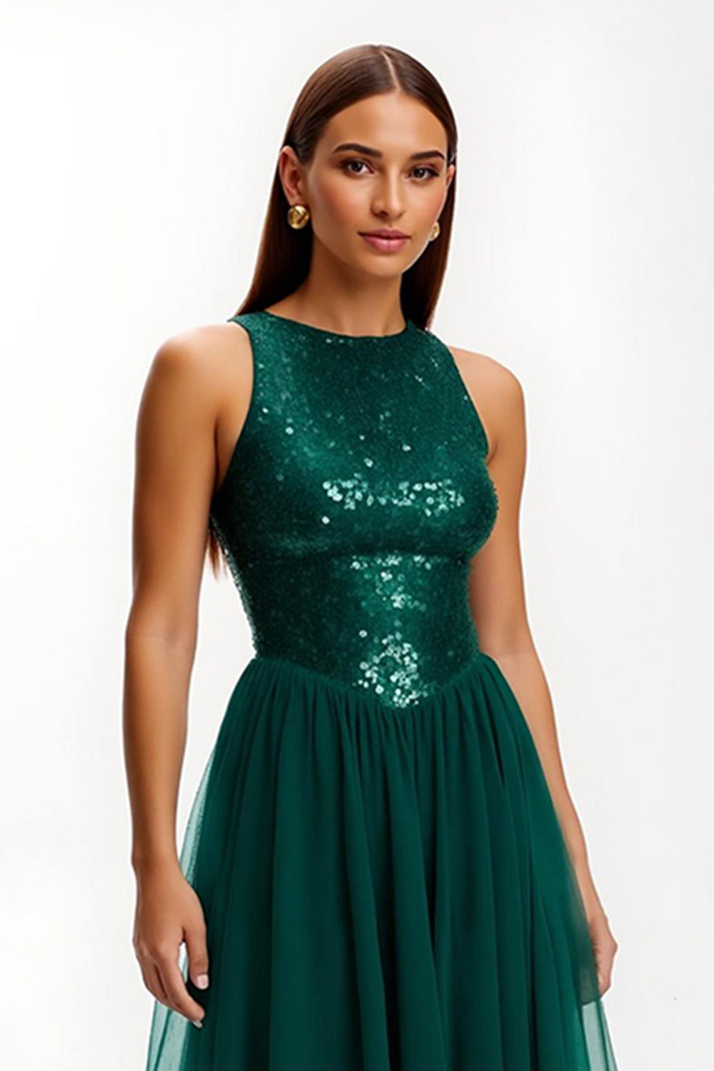 Sparkly Dark Green Round Neck Long Holiday Party Dress with Sequins