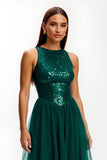 Sparkly Dark Green Round Neck Long Holiday Party Dress with Sequins