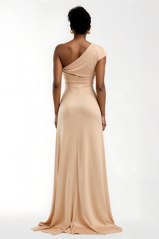 Champagne One Shoulder Sheath Long Holiday Party Dress