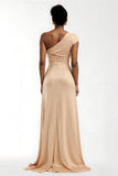 Champagne One Shoulder Sheath Long Holiday Party Dress