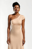 Champagne One Shoulder Sheath Long Holiday Party Dress