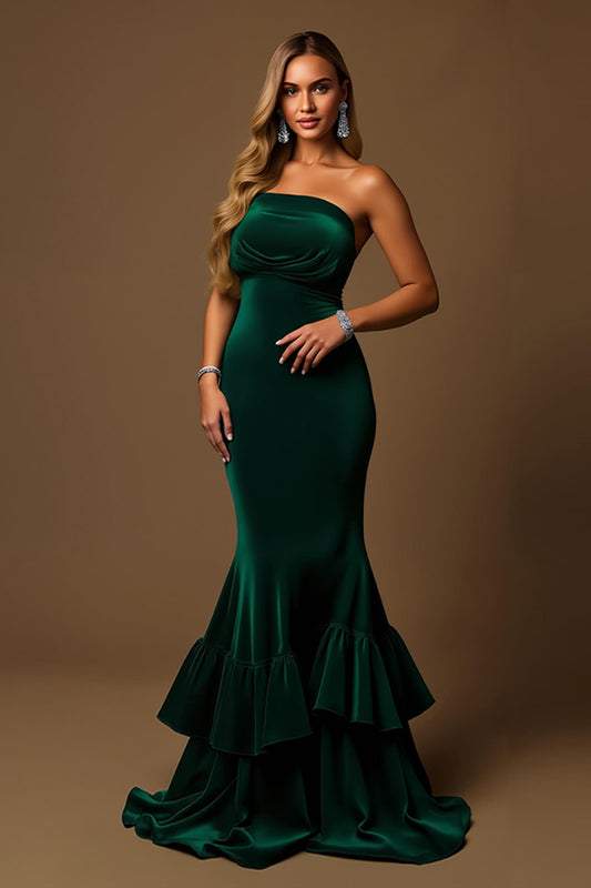Dark Green Strapless Mermaid Tiered Long Holiday Party Dress
