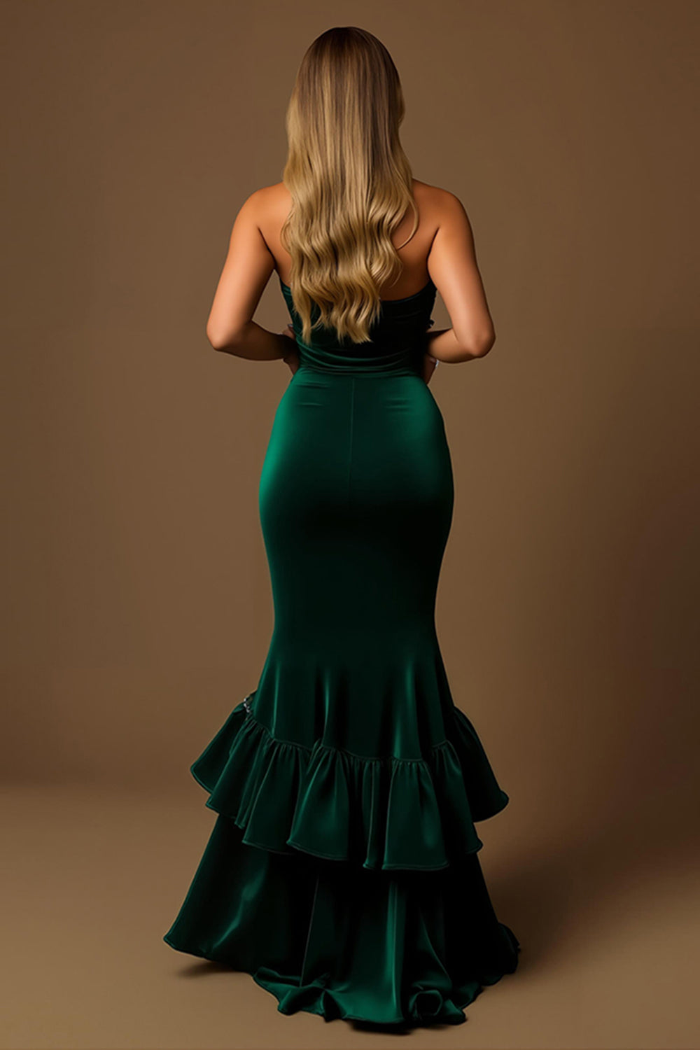 Dark Green Strapless Mermaid Tiered Long Holiday Party Dress