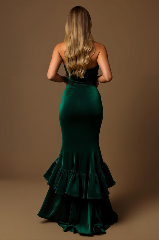 Dark Green Strapless Mermaid Tiered Long Holiday Party Dress