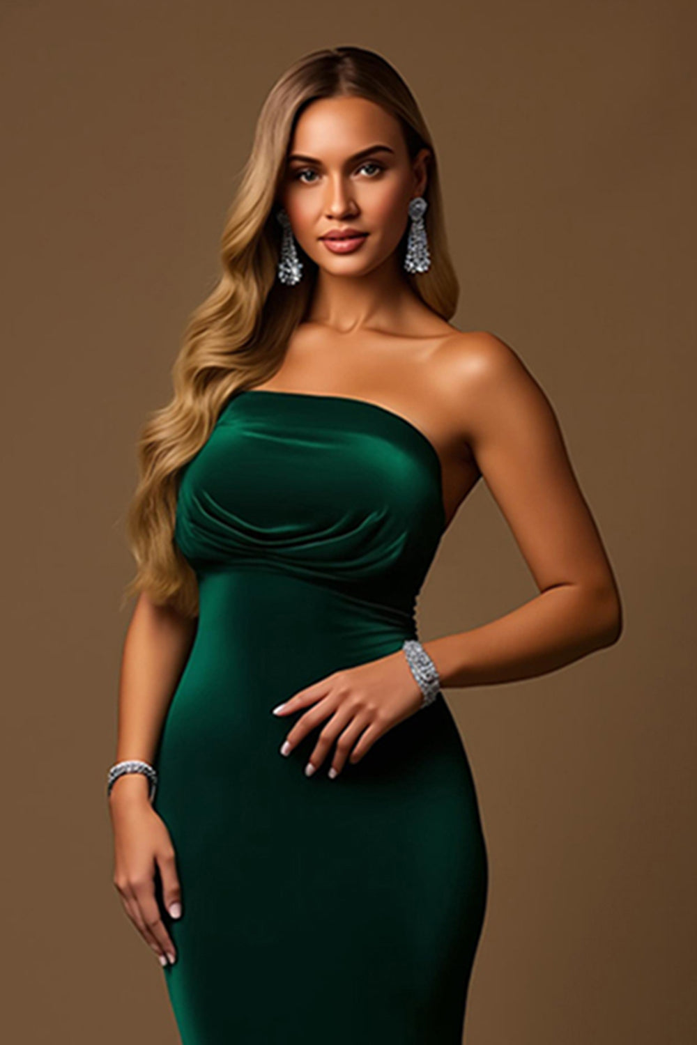 Dark Green Strapless Mermaid Tiered Long Holiday Party Dress
