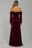 Burgundy Sheath Velvet Off the Shoulder Long Holiday Party Dress with Slit