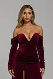 Burgundy Sheath Velvet Off the Shoulder Long Holiday Party Dress with Slit