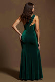 Dark Green Mermaid Velvet One Shoulder Long Holiday Party Dress with Slit