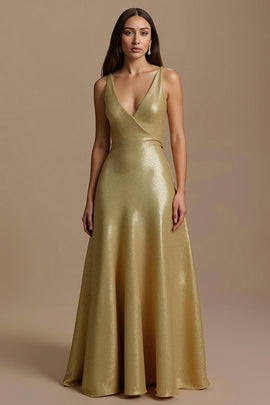 Sparkly Golden A Line Sequin V-Neck Long Holiday Party Dress