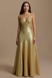 Sparkly Golden A Line Sequin V-Neck Long Holiday Party Dress
