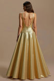 Sparkly Golden A Line Sequin V-Neck Long Holiday Party Dress