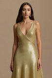 Sparkly Golden A Line Sequin V-Neck Long Holiday Party Dress
