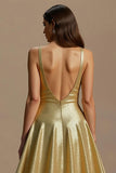 Sparkly Golden A Line Sequin V-Neck Long Holiday Party Dress