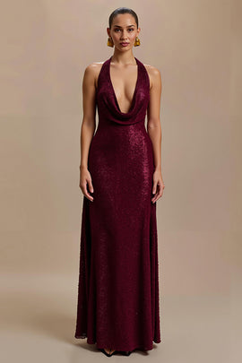 Sparkly Burgundy Sheath Sequin V-Neck Long Holiday Party Dress