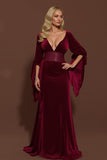 Burgundy Velvet V-Neck Mermaid Long Holiday Party Dress with Sleeves