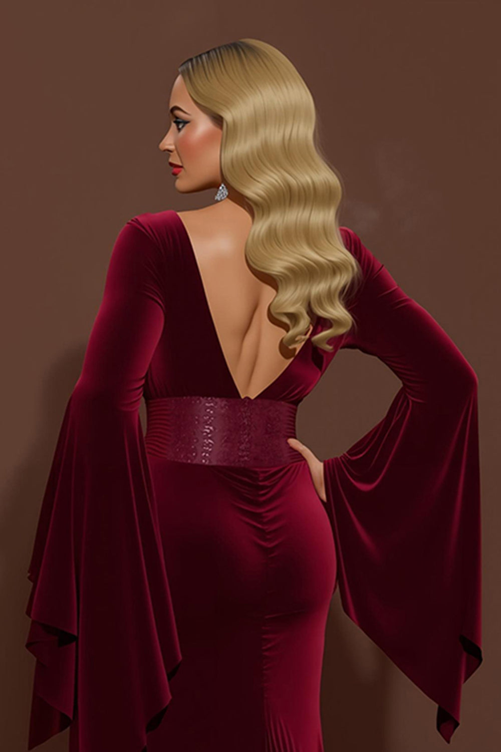 Burgundy Velvet V-Neck Mermaid Long Holiday Party Dress with Sleeves