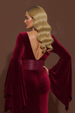 Burgundy Velvet V-Neck Mermaid Long Holiday Party Dress with Sleeves