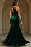 Dark Green One Shoulder Mermaid Velvet Long Holiday Party Dress with Slit