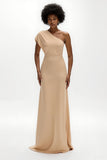 Champagne Sheath Satin One Shoulder Long Wedding Guest Dress