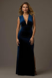 Royal Blue Velvet Sheath V-Neck Long Holiday Party Dress with Slit