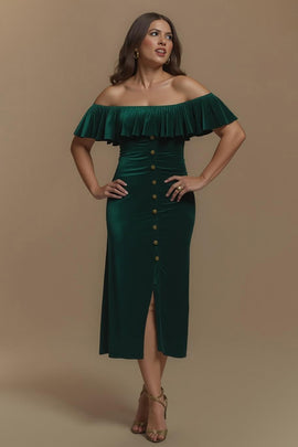 Dark Green Sheath Off the Shoulder Buttons Long Holiday Party Dress with Slit