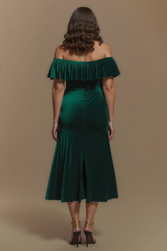 Dark Green Sheath Off the Shoulder Buttons Long Holiday Party Dress with Slit